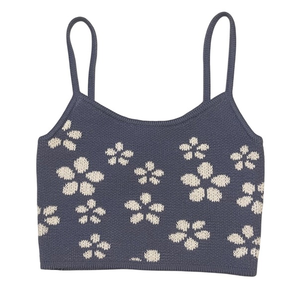Aeropostale Floral Knit Tank Top XS Blue White Sleeveless Crop Top - Picture 1 of 6